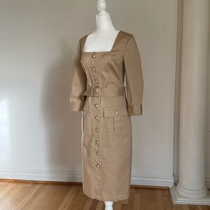 L’AGENCE BORDEAUX 3/4 SLEEVE MIDI DRESS TAN COTTON STRETCH BUTTON DOW DRESS